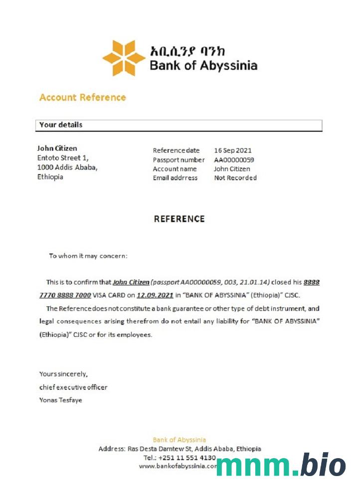 Przykład odniesienia do zamknięcia Etiopii Abisynii w formatach Word i PDF